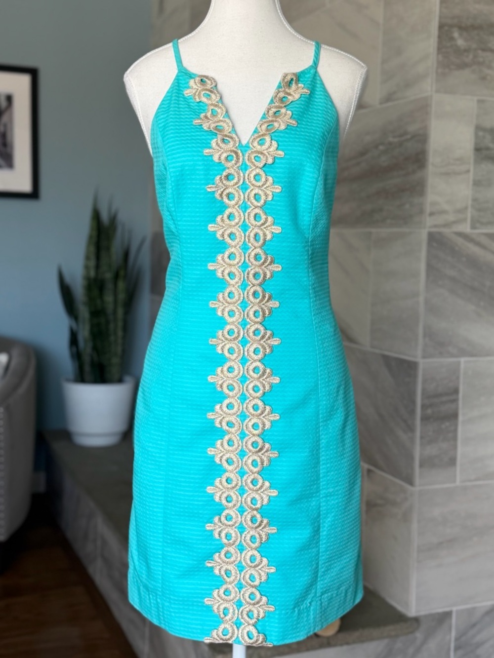 Lilly Pulitzer Pearl Halter Shift Dress, Seaside Aqua, Metallic Gold Trim | Sz 6